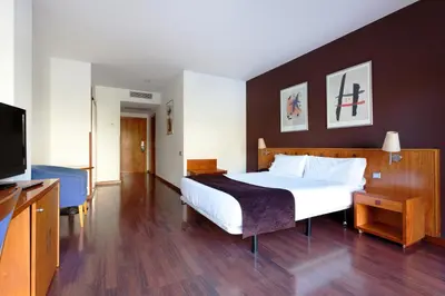 a hotel room with a bed and a flat screen tv at Hotel Viladomat in Barcelona
