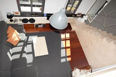 an overhead view of a living room with a couch at Beach Loft Duplex in Barcelona