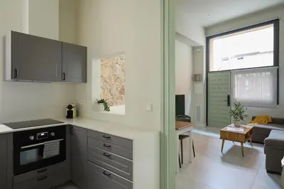 a kitchen with a stove and a living room at Casa Cosi Don Bajos in Barcelona