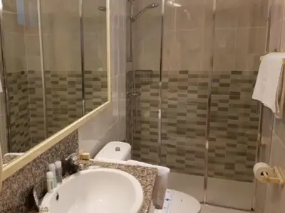 a bathroom with a toilet and a sink and a shower at Hotel Celimar in Sitges