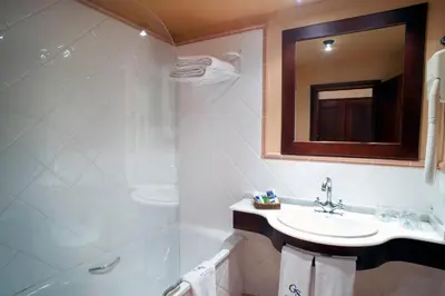 a bathroom with a sink and a shower and a mirror at Gran Hotel Rey Don Jaime in Castelldefels