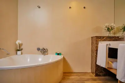 a bathroom with a large tub and towels at El Avenida Palace in Barcelona