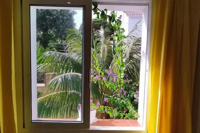 a window with a view of a garden with flowers at VILLA VALENTINA in Mataró