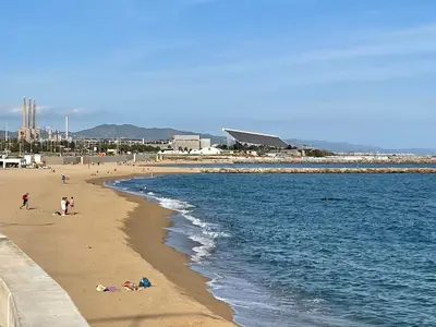 a group of people on a beach near the water at Standing Apartment Barcelona Forum in Sant Adria de Besos