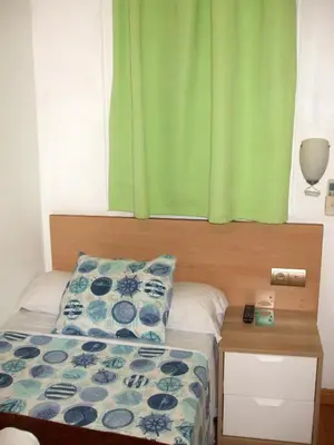 a bedroom with a bed with a green curtain at Hostal Felipe 2 in Barcelona