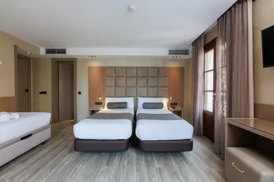 a hotel room with two beds and a television at Hotel Suizo in Barcelona