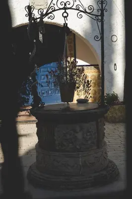 a fountain with a potted plant on top of it at Casa con encanto in Corbera de Llobregat