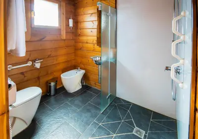 a bathroom with a toilet and a sink and a shower at Hotel Somlom - ECO Friendly Montseny in Sant Esteve de Palautordera
