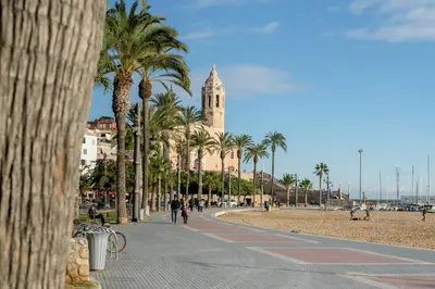 a street with palm trees and a building with a clock tower at Vistamar 2: Primera línea de mar con gran terraza in Sitges