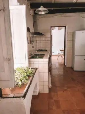 a kitchen with a counter with plants on it at Casa Om in Dosríus