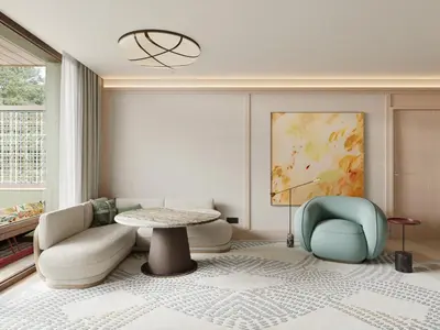 a living room with a couch and a table and chairs at Hotel Miramar Barcelona GL - Preferred Hotels & Resorts - Newly Renovated in Barcelona