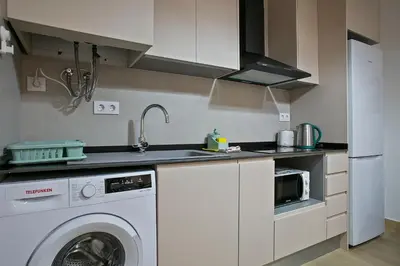 a kitchen with a washing machine and a sink at Beautiful apartment in Las Ramblas Barcelona 6pax in Barcelona