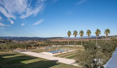 a swimming pool in a park with palm trees at Hotel Font de la Canya in Avinyonet