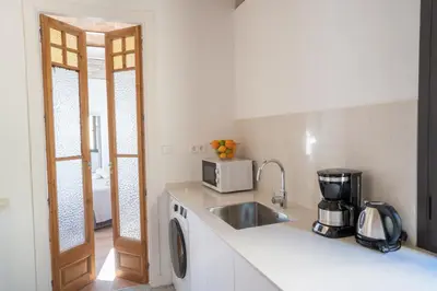 a kitchen with a sink and a microwave at Feelathome Stadium Apartments in Hospitalet de Llobregat