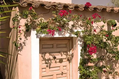 a door with pink flowers on the side of a building at Sitges Hill Retreats-Masia Nur 22 bedrooms divided over 9 houses for max 44 guests in Canyelles