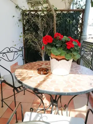 a table with a vase of red flowers on it at Casa Consell Gran Via, Guest House in Barcelona