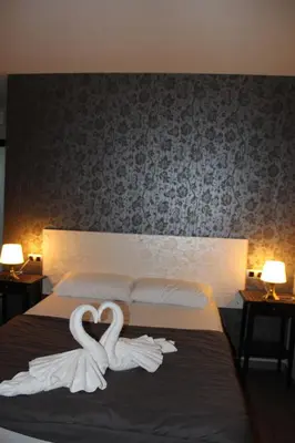 two swans making a heart shape on a bed at BCN Condal Hostal in Barcelona