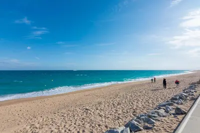 a group of people walking on the beach at HomeHolidaysRentals Cyan- Costa Barcelona in Pineda de Mar